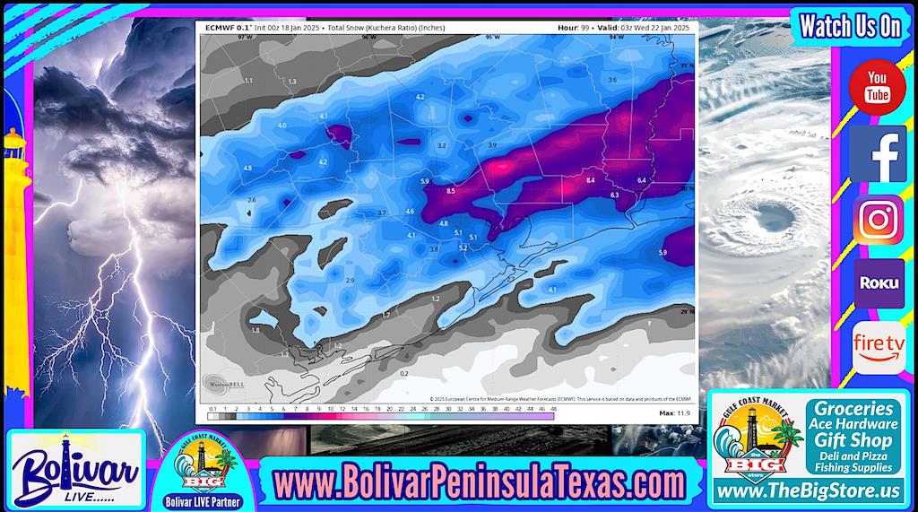 Looking Ahead At Weather For Bolivar Peninsula, And Snow Forecast.